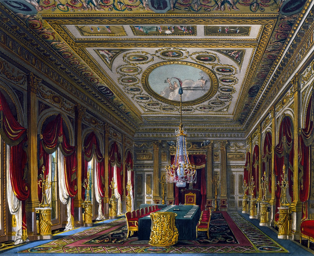 Sala tronowa, rycina Thomas Sutherland (1785-1838), wg projektu Charlesa Wilda (1781-1835), Z historii rezydencji królewskich autorstwa Charles (after) Wild