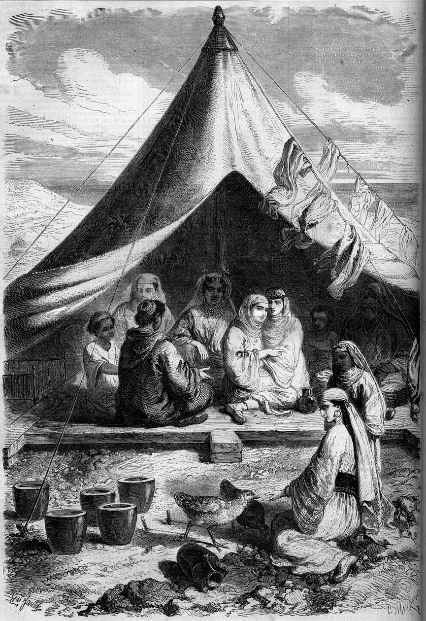 Rodzina żydowska z Maroka schroniła się na wybrzeżu Gibraltaru w 1860 r. Według szkicu pana Yriarte. Grawer w „Le Monde Illustré” nr 146 z 28 stycznia 1860 r. autorstwa Charles (after) Yriarte