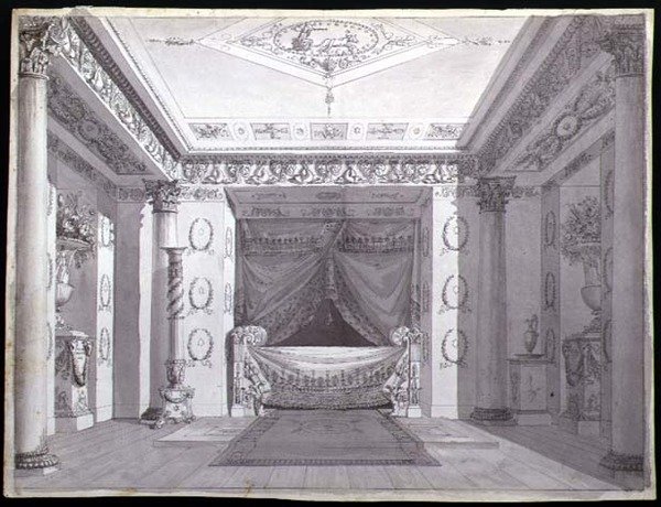 Projekt sypialni w stylu Empire, ok. 1810 (pióro i tusz oraz akwarela na papierze) autorstwa Charles (attr. to) Percier