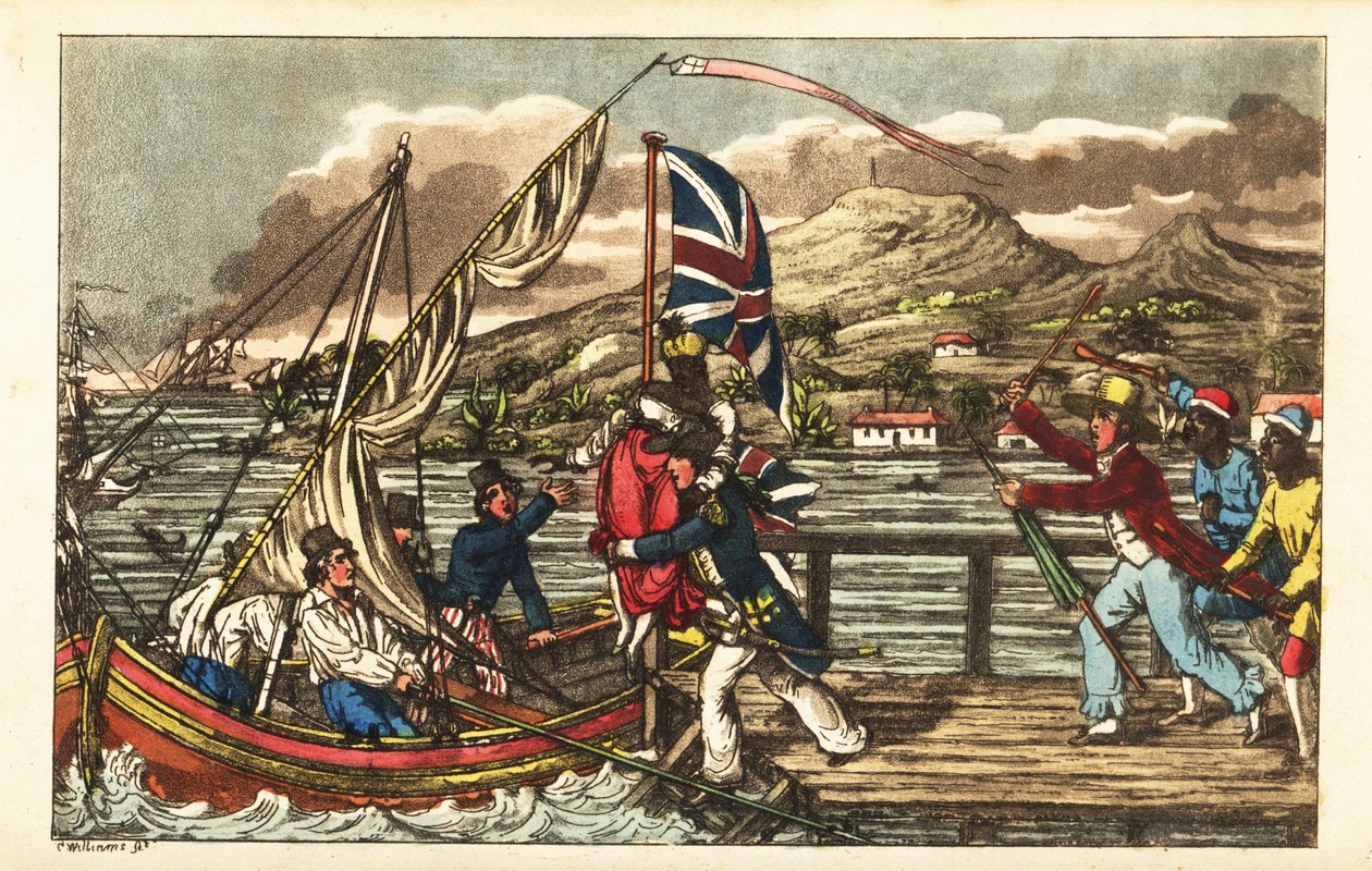 Angielski oficer marynarki porywa zniewoloną kobietę na molo Barbados, ścigany przez męża jej właściciela i pracowników plantacji autorstwa Charles (c.1797 1850) (after) Williams