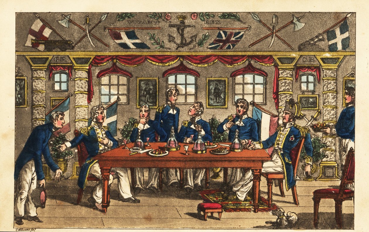 Midshipman Newcome kłania się wychodząc z kolacji w kajucie kapitana, HMS Victory autorstwa Charles (c.1797 1850) (after) Williams