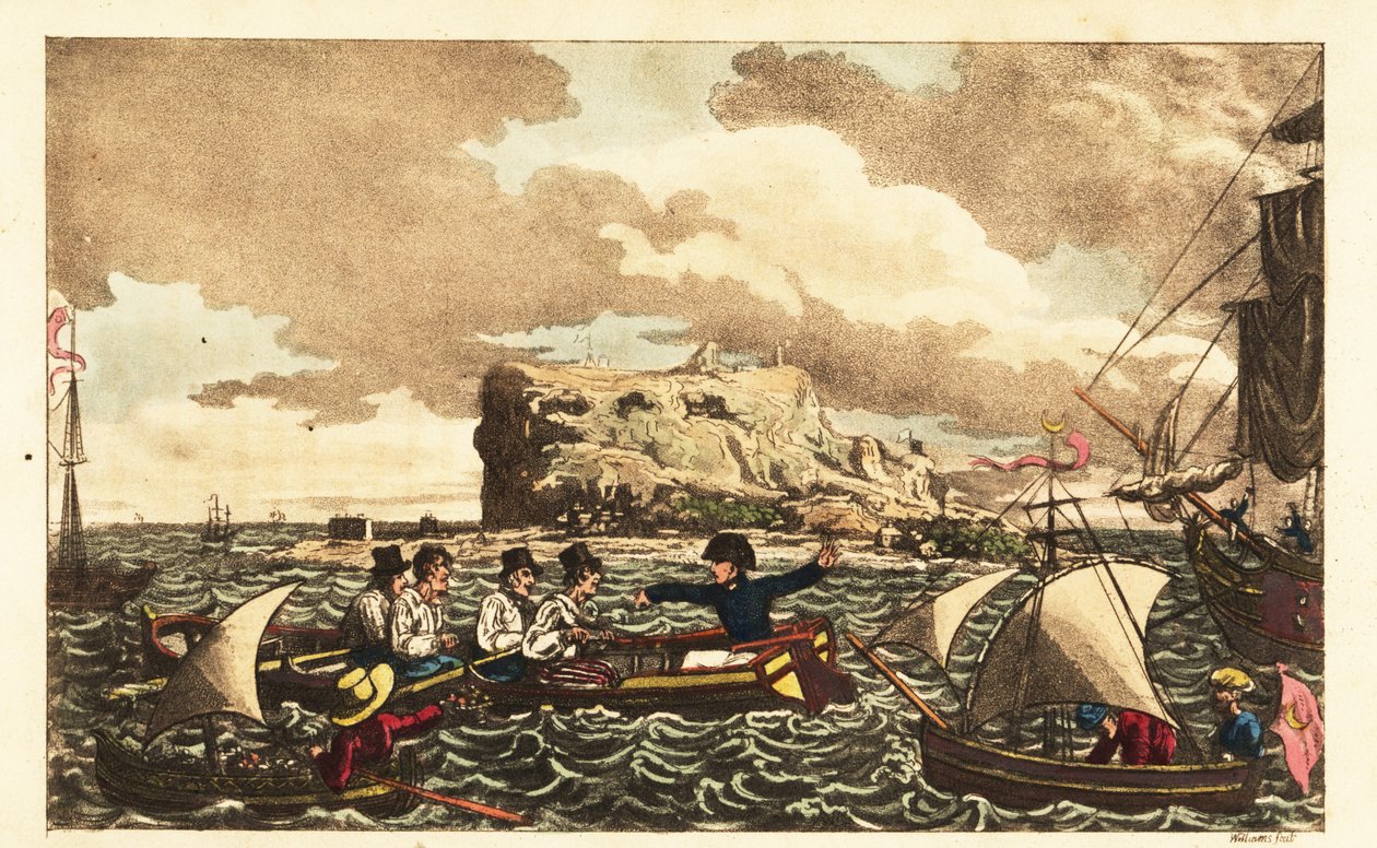 Midshipman Newcome przeniesiony łodzią wiosłową do HMS Vanguard niedaleko Gibraltaru autorstwa Charles (c.1797 1850) (after) Williams