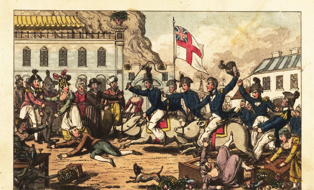 Oficerowie Królewskiej Marynarki Wojennej na świniach w siodłach przez targ w Gibraltarze autorstwa Charles (c.1797 1850) (after) Williams