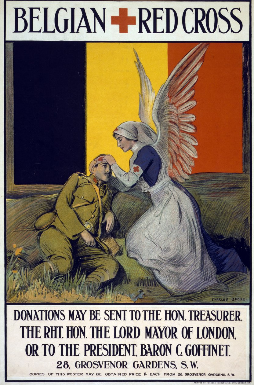 Plakat zbiórki funduszy dla Belgijskiego Czerwonego Krzyża, wyd. 1914-18 (kolor lito) autorstwa Charles A. Buchel