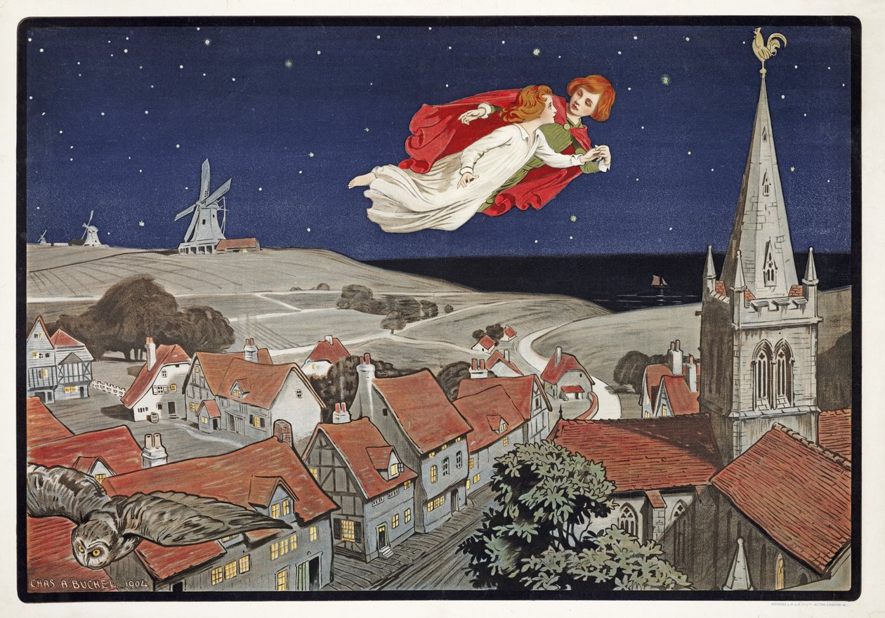 Peter and Wendy Flying from Peter Pan by JM Barrie (1860 - 1937) , pub.1904 (kolor lito) autorstwa Charles A. Buchel