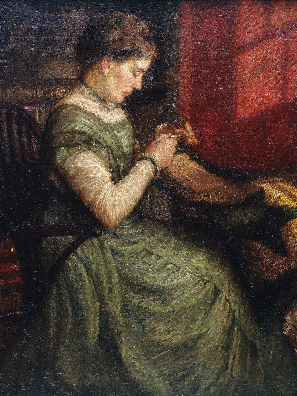 Portret damy siedzącej w fotelu Szycie autorstwa Charles A. Sheehan