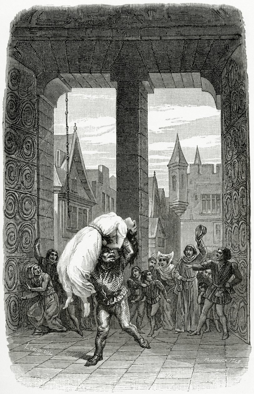 Quasimodo ratuje Esmeraldę przed egzekucją - ilustracja z Notre Dame de Paris, XIX w. (rycina bw) autorstwa Charles Alexandre Lesueur