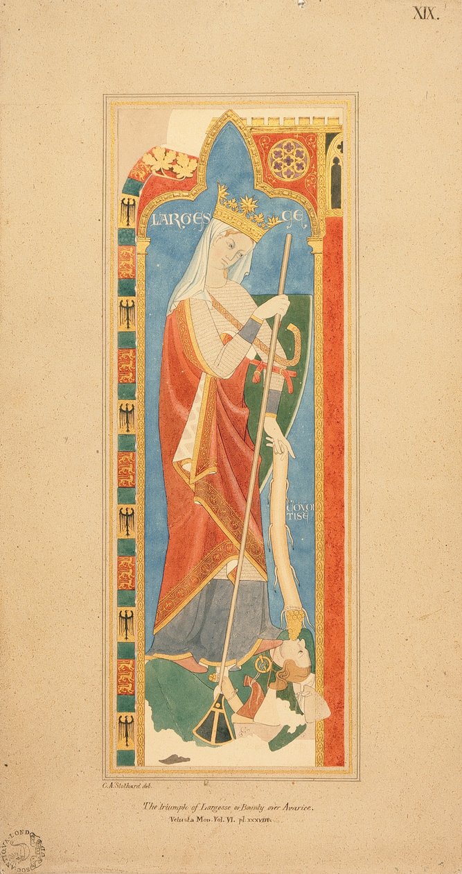 The Virtues Largesce and Debonerete (Largesce) 1819 (akwarela z wypukłym, złoconym detalem na papierze) autorstwa Charles Alfred Stothard