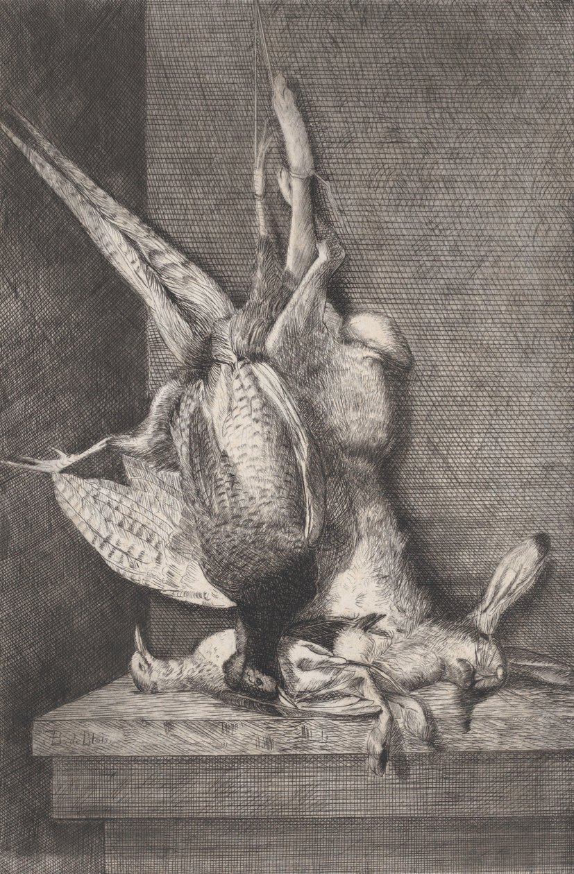 Trofeum myśliwskie z ptaszkiem łownym i królikiem, 1850-1900. autorstwa Charles Alphonse Deblois