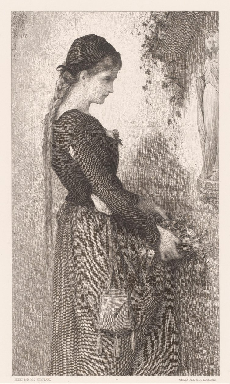 Młoda kobieta przynosi kwiaty do niszy z figurą Maryi Małgorzata (tytuł na obiekcie) autorstwa Charles Alphonse Deblois