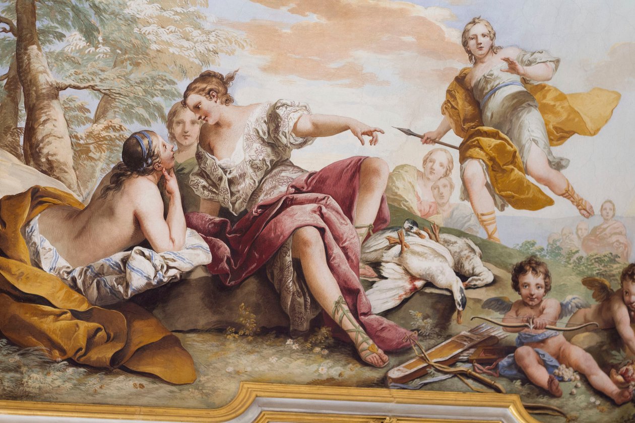 Reszta Diany wśród nimf, autorstwa Charles-Andre van Loo (1705-1765), fresk, sklepiony sufit sypialni, apartament królowej, Stupinigi, Piemont, Włochy autorstwa Charles André van Loo