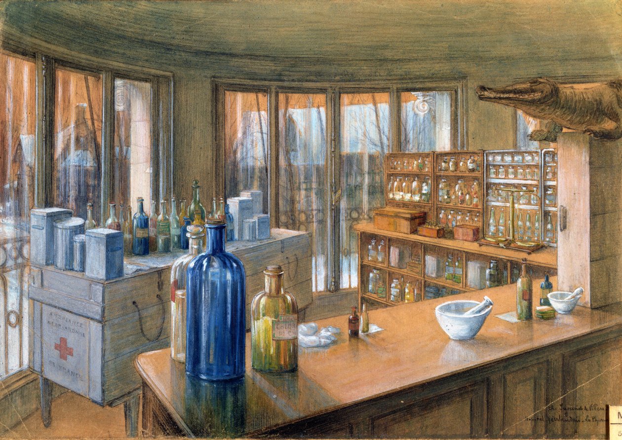 Apteka Holenderskiego Szpitala Wojskowego w Paryżu, 1917 (ołówek i kreda na papierze) autorstwa Charles Andre Igounet de Villers