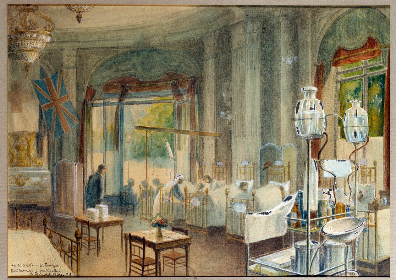 Widok na dużą salę brytyjskiego szpitala w Hotelu Astoria. Obraz Charlesa Iguneta De Villers (1881 - 1944) autorstwa Charles Andre Igounet de Villers