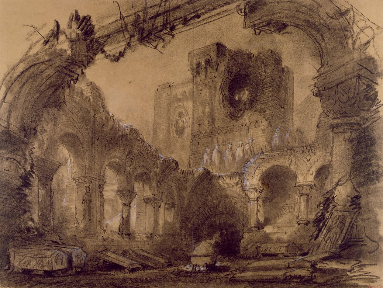 Ruiny, projekt scenografii do przedstawienia "Makbeta" Giuseppe Verdiego (1813-1901) w Theatre Lyrique, Chatelet, Paryż, 1865 (węgiel drzewny i biała kreda na papierze) autorstwa Charles Antoine Cambon