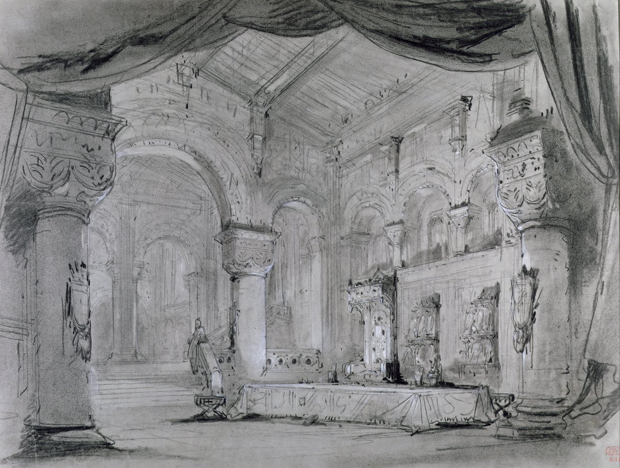 Scenografia wnętrz pałacu do przedstawienia opery "Makbet" Giuseppe Verdiego (1813-1901) w Theatre Lyrique, Chatelet, 1865 (węgiel drzewny i biała kreda na papierze) autorstwa Charles Antoine Cambon