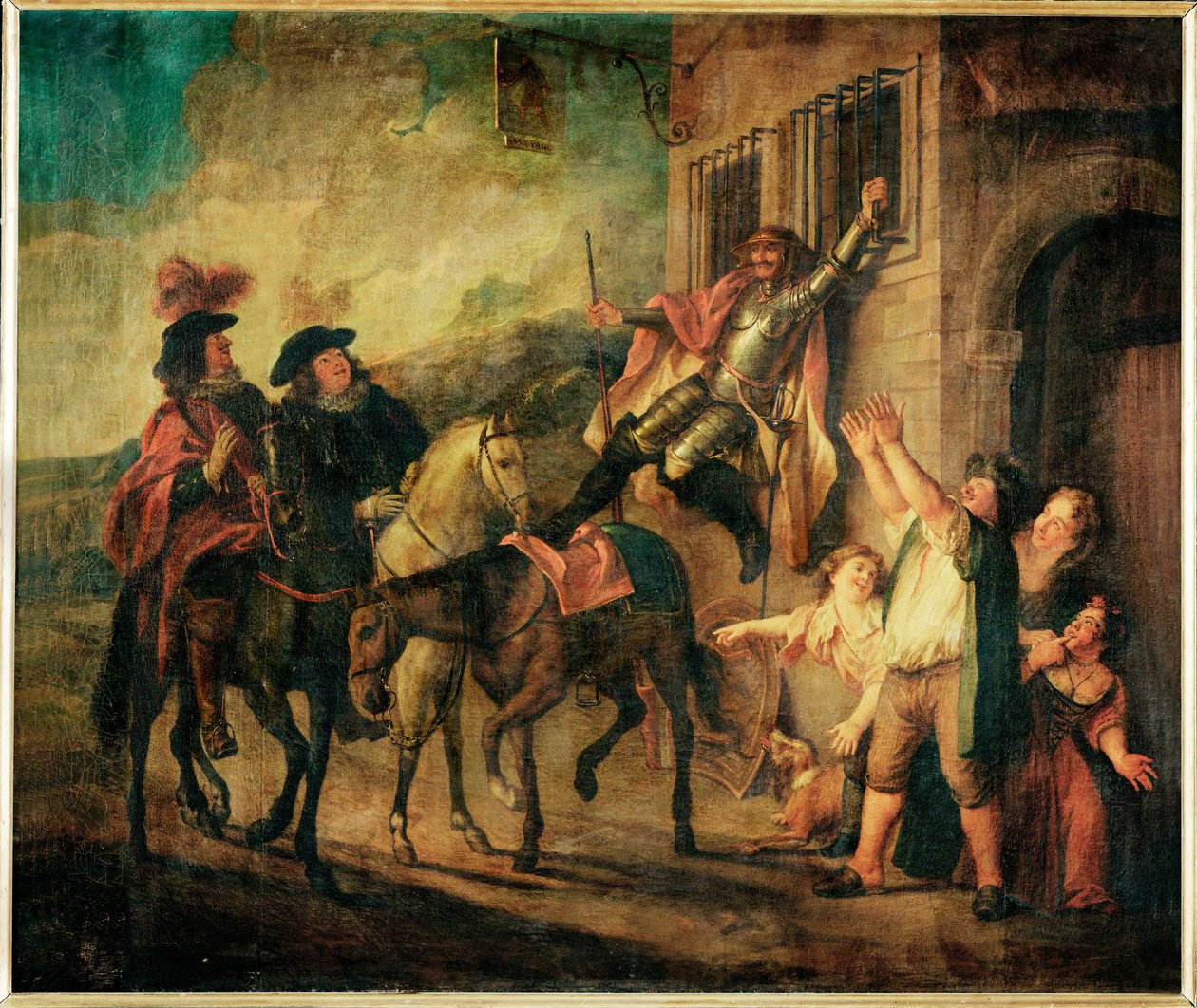 Don Quichotte attache a unse fenetre par la malice de Maritorne - Don Qijote, przez złośliwość Maritorne, zostaje przywiązany do okna ... autorstwa Charles Antoine Coypel