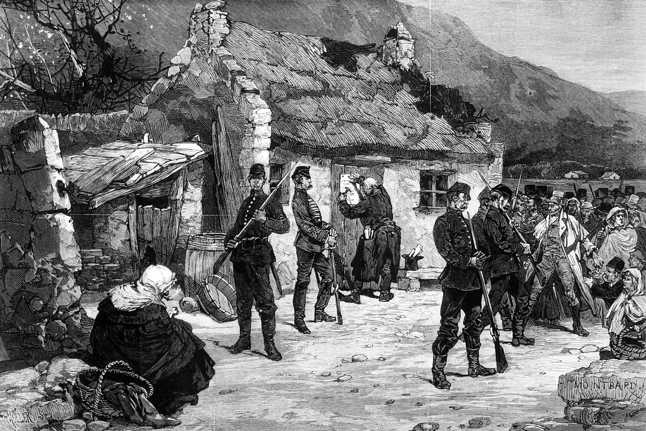 Eksmisja irlandzkiego rolnika przez policję angielską, grafika wykonana przez F. Mollera, z „Le Monde Illustré”, 1880 autorstwa Charles Auguste Loye