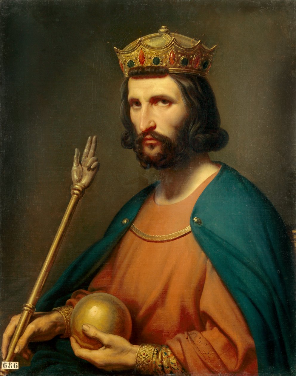 Portret Hugues Capeta (941-996), króla Francji w 987 r. Trzyma w ręku kulę ziemską i berło, symbole władzy. Obraz Charlesa de Steubena (1788-1856) XIX w. Niedz. 0,91x0,74m. - Portret Hugues Capet (941-996), króla Francji w 987. He hol autorstwa Charles Auguste Steuben