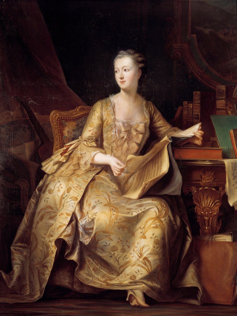 Portret Jeanne Antoinette Poisson, Madame de Pompadour (znana jako markiza Pompadour) (1722-1764) trzymająca partyturę muzyki, Obraz Charlesa Auguste Steubena (1788-1856) (ec.alle) XIX w. niedz. 1,65x1,32 m² autorstwa Charles Auguste Steuben