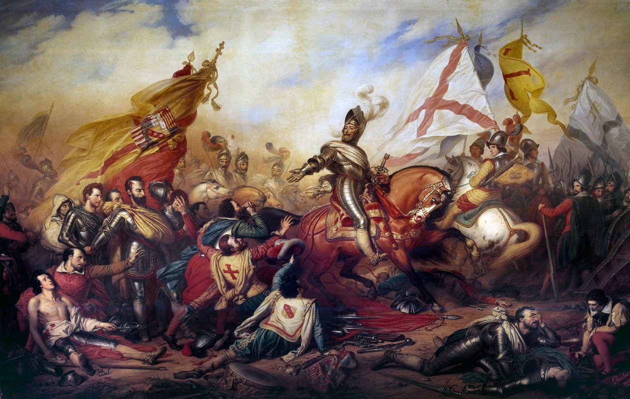 Wojny religijne (1562-1598): „”Król Henryk IV Francji (1553-1610) w bitwie pod Ivry w dniu 14.03.1590”” Armia królewska wygrała z armią Ligi Katolickiej. Fragment obrazu Charlesa de Steubena (1788-1856) XIX w. Niedz. 4,2x8,1m - Wa autorstwa Charles Auguste Steuben