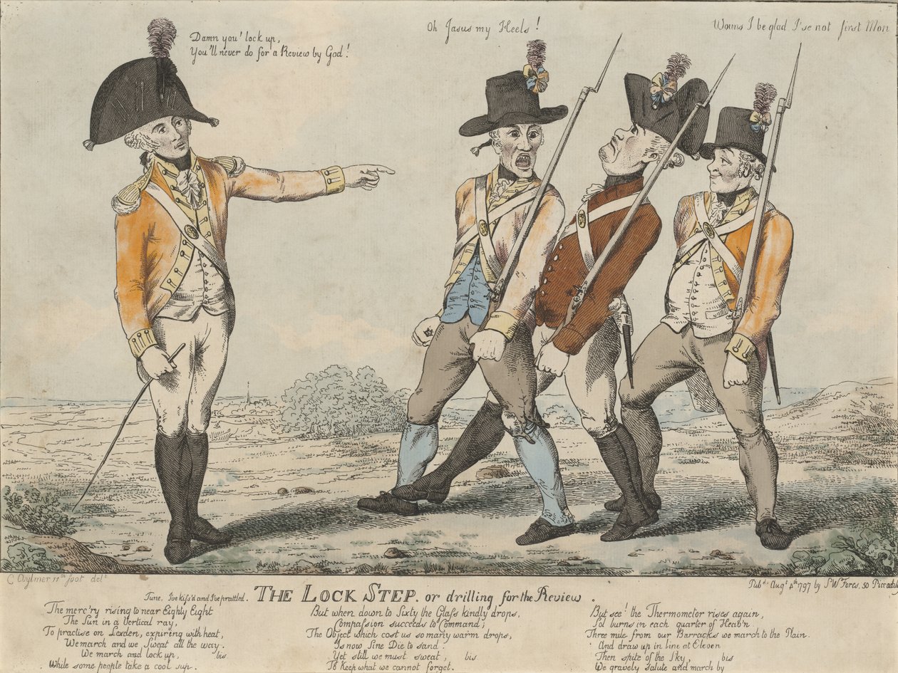 The Lock Step, czyli wiercenie do recenzji, 1797 (kolorowa akwaforta) autorstwa Charles Aylmer