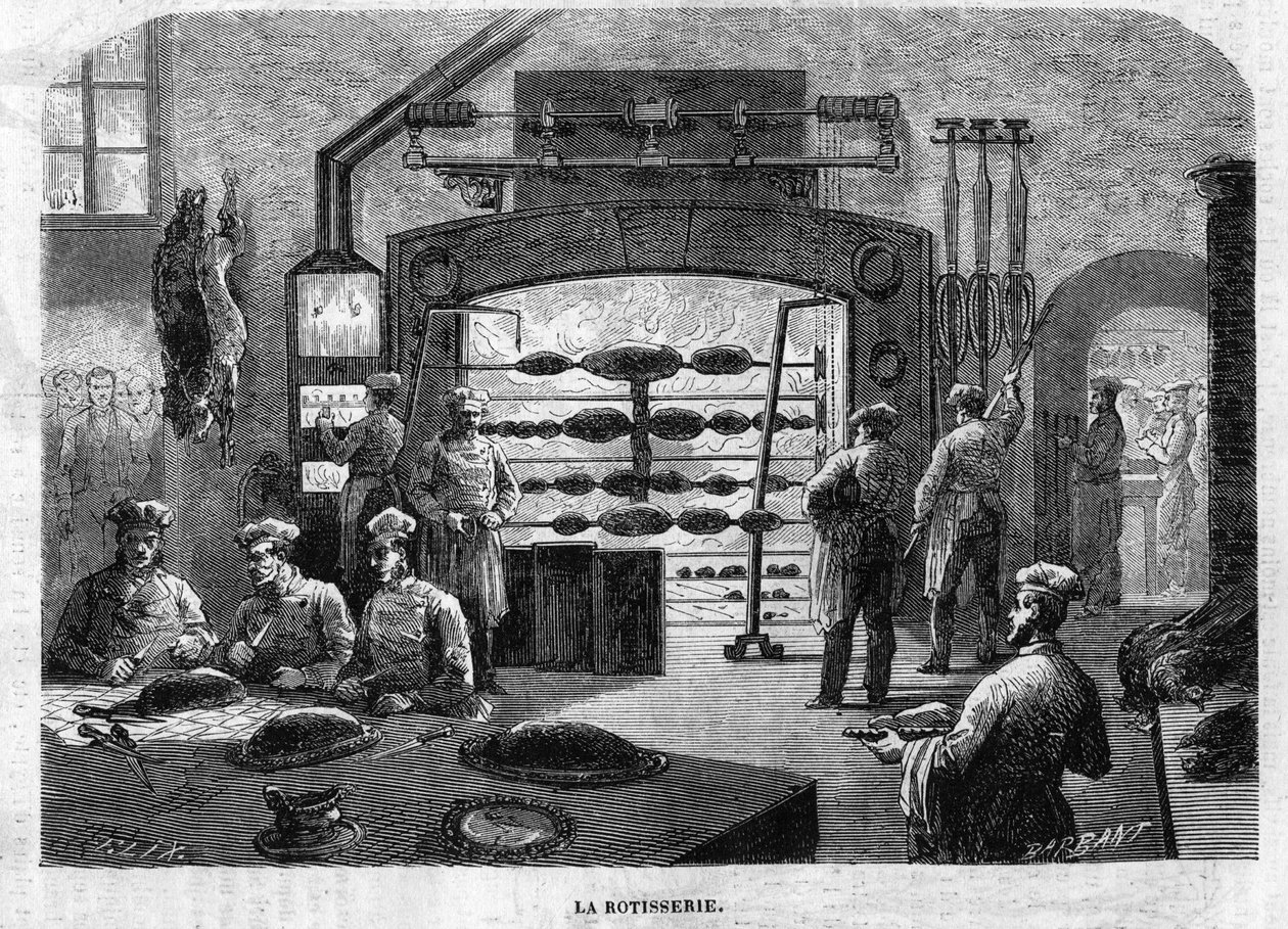 La Rotisserie des cuisines du Palais des Tuileries, w 1864 roku. Grawerowanie F. Lixa i Barbanta na podstawie rysunku Moullina. autorstwa Charles Barbant