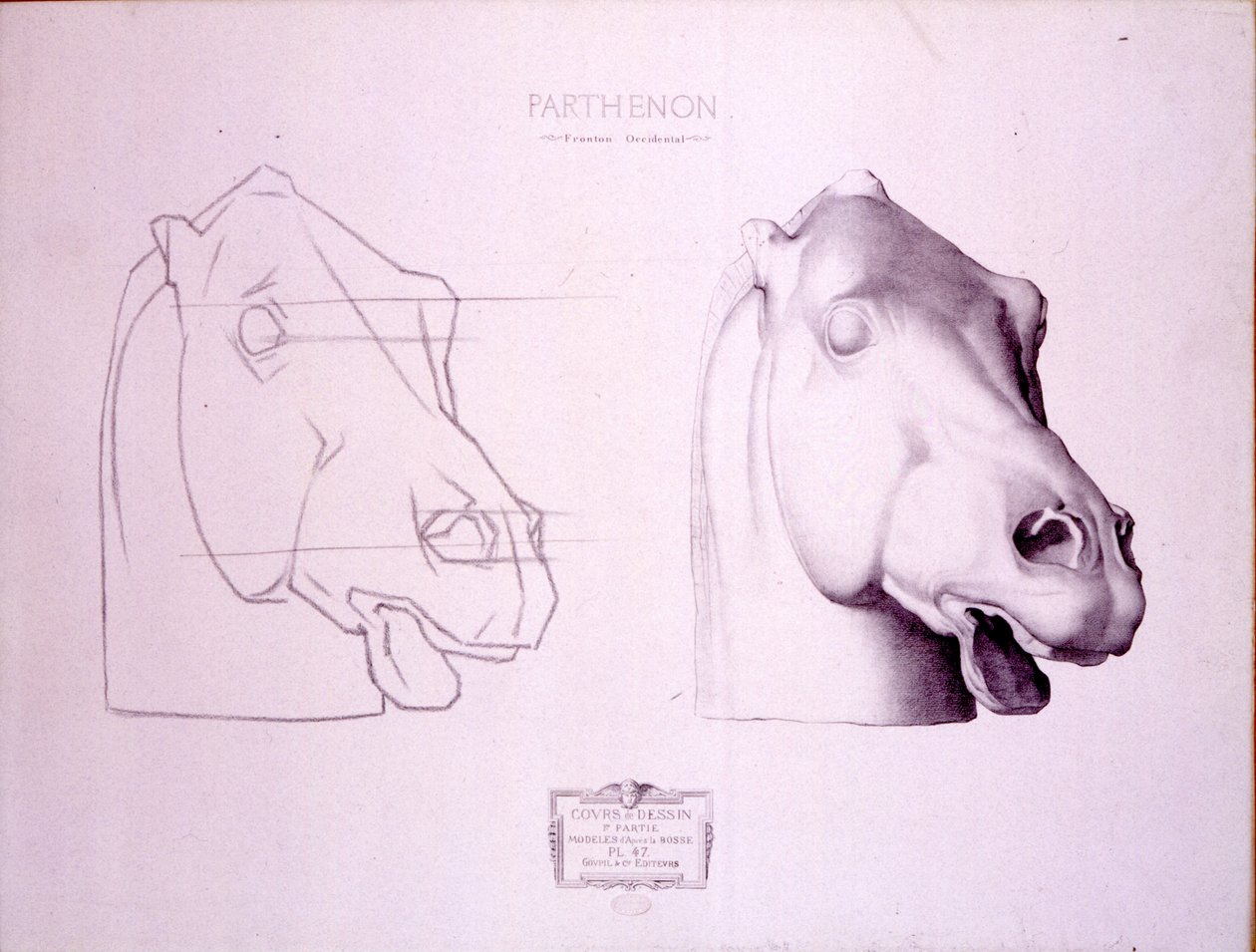 Głowa konia z zachodniego frontonu Partenonu, tablica 47 z Cours de Dessin, c.1898 autorstwa Charles Bargue