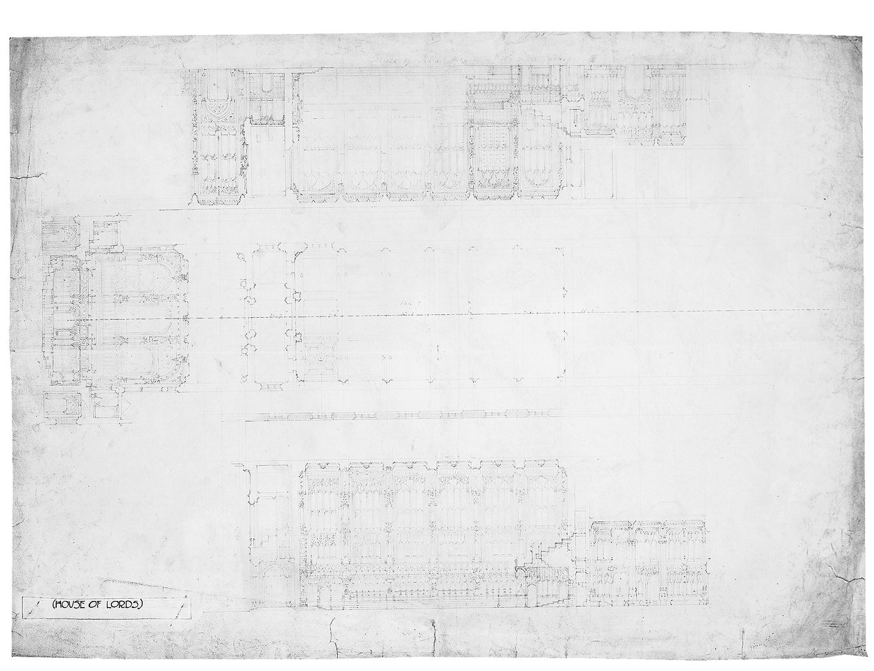 Projekt dla wschodniej, zachodniej i północnej elewacji Izby Lordów, ok. 1842 (ołówek na papierze) autorstwa Charles Barry