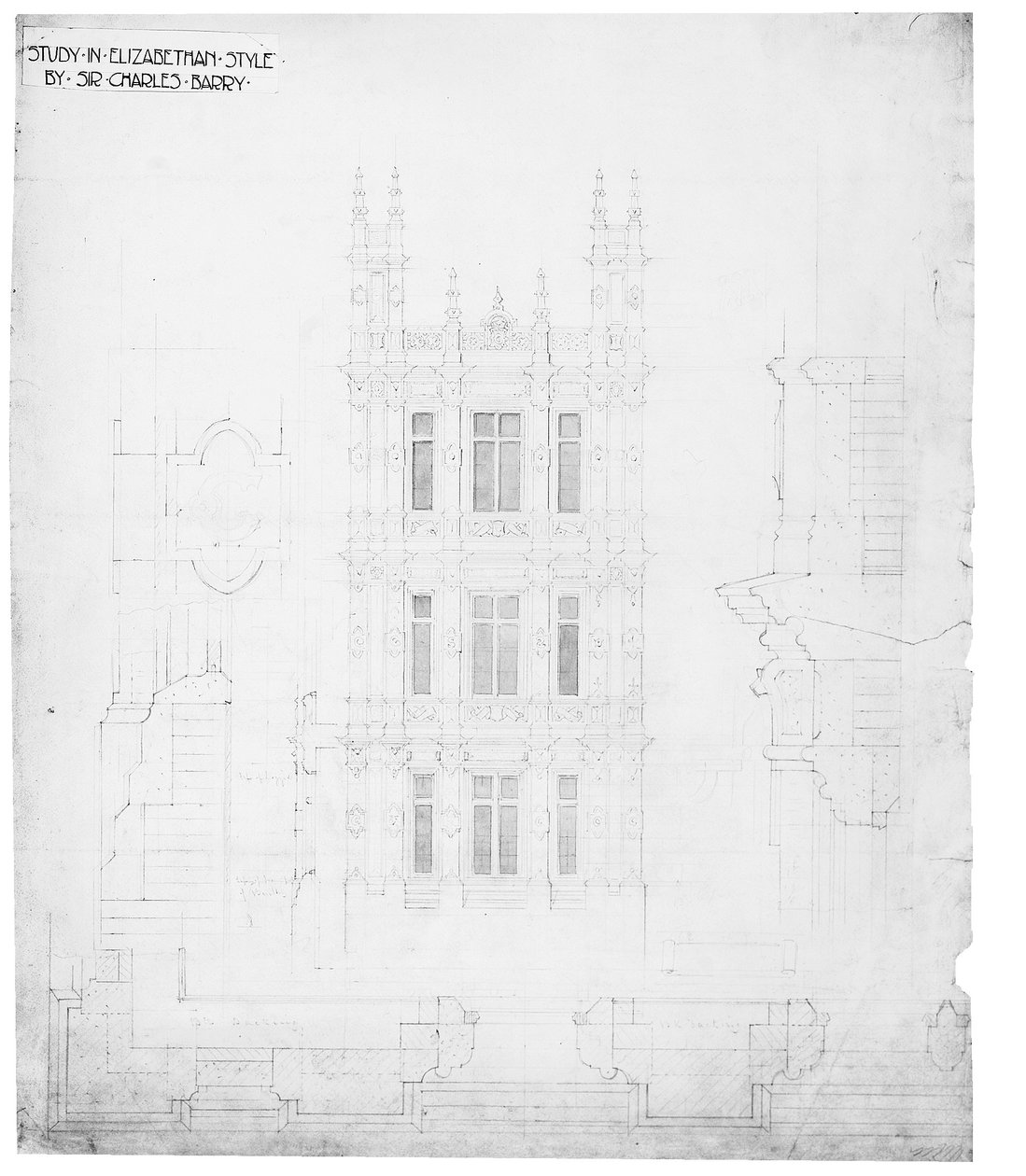 „Studium w stylu elżbietańskim”, rysunek dla Houses of Parliament, ok. 1836-40 (pióro i atrament na papierze) autorstwa Charles Barry