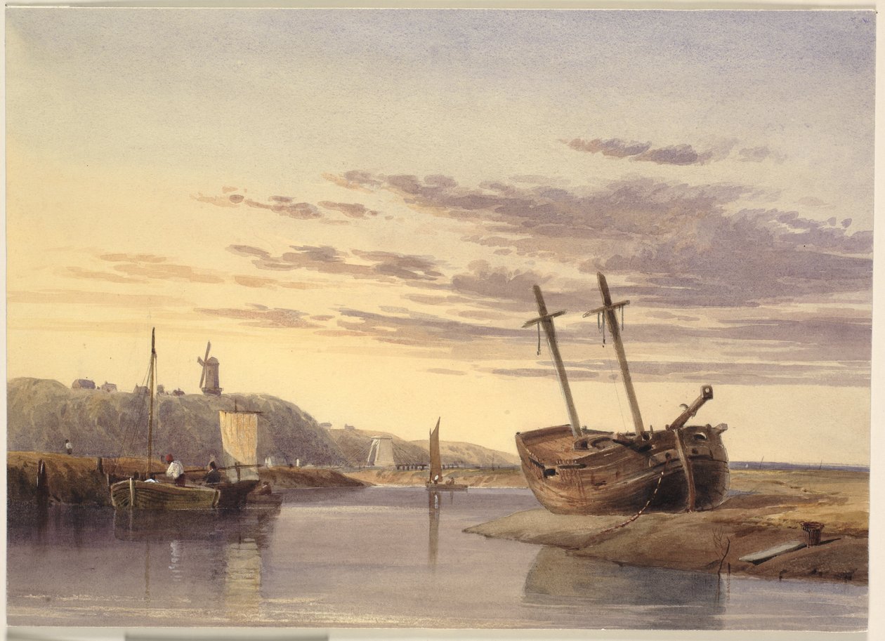 Łodzie rybackie w Rye Harbour, a w oddali wiatrak autorstwa Charles Bentley