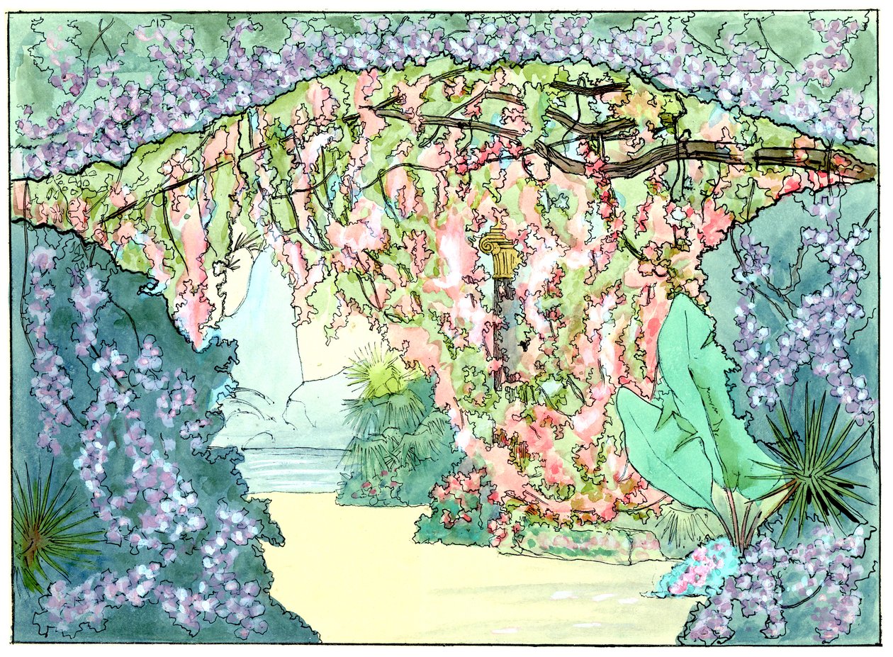Massenet - Esclarmonde - scenografia Charlesa Bianchiniego - akt 2, scena 1, opadająca kurtyna różana - rysunek G. Steina, 1889 (b) autorstwa Charles Bianchini