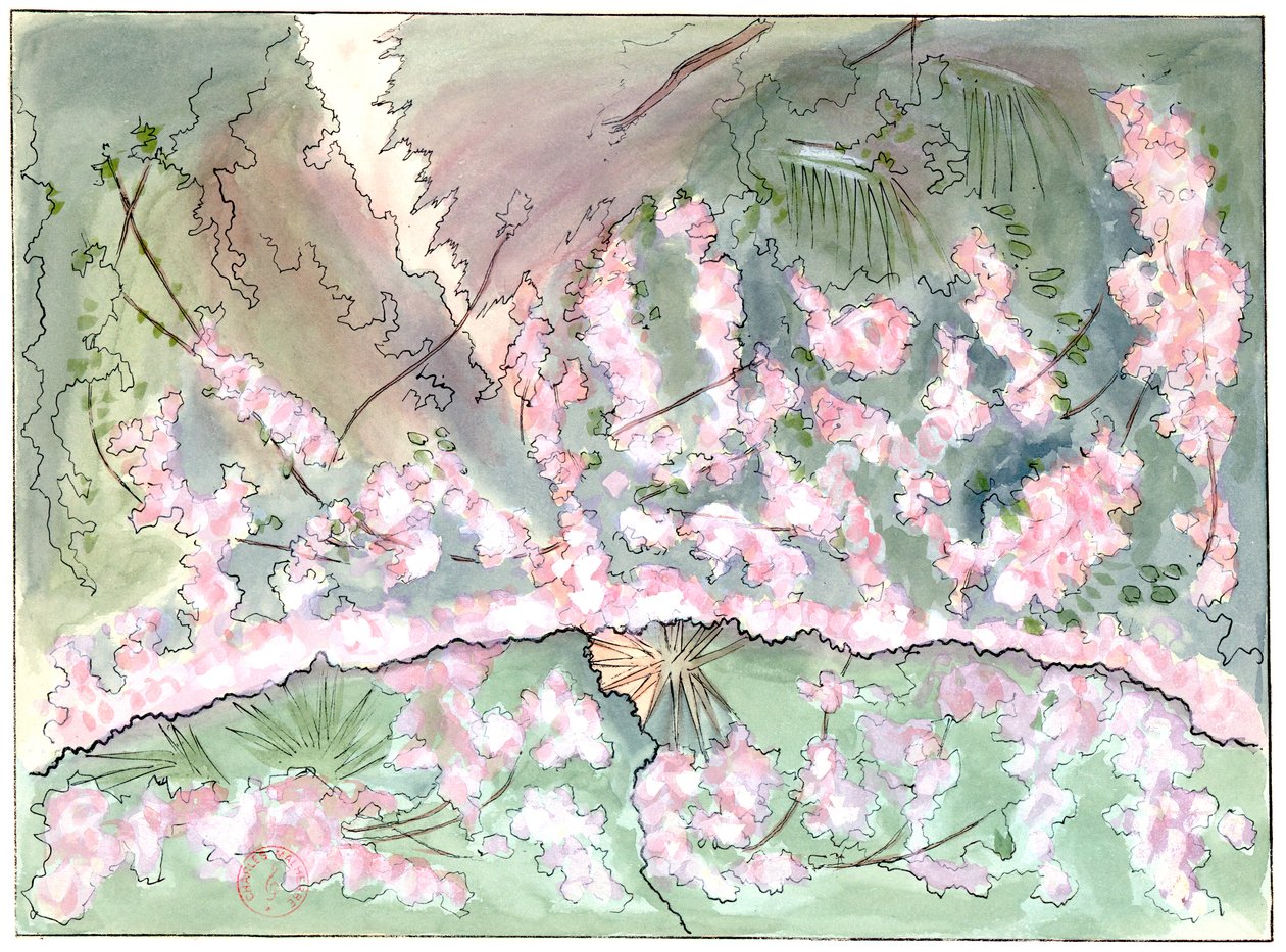 Massenet - Esclarmonde - scenografia Charlesa Bianchiniego - akt 2, scena 1, opadająca kurtyna różana - rysunek G. Steina, 1889 (c) autorstwa Charles Bianchini