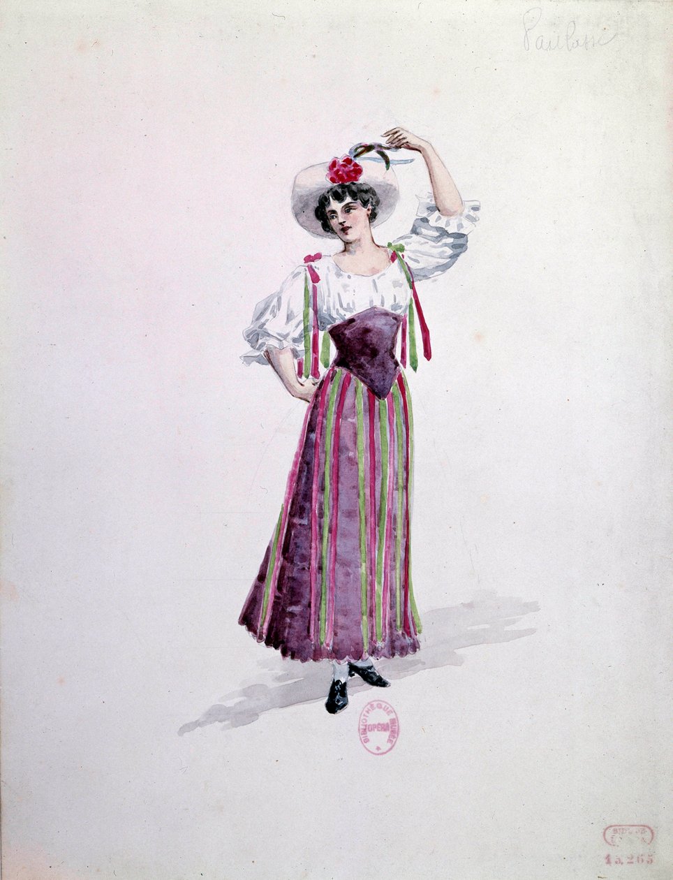 Kostium młodej kobiety (Nedda czy Colombine?) do opery „Paillasse” (de pagliacci, klauni) Ruggero Leoncavallo (1857-1919) z 1892 roku. Akwarela Charlesa Bianchiniego (1860-1905) autorstwa Charles Bianchini