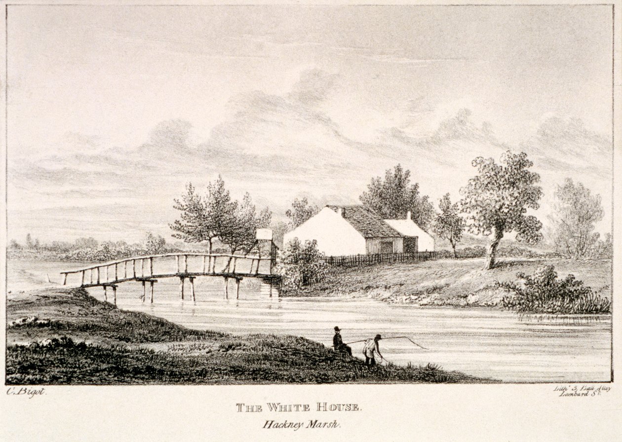 Biały Dom nad brzegiem rzeki Lea, Hackney Marsh, Londyn, c1830 autorstwa Charles Bigot