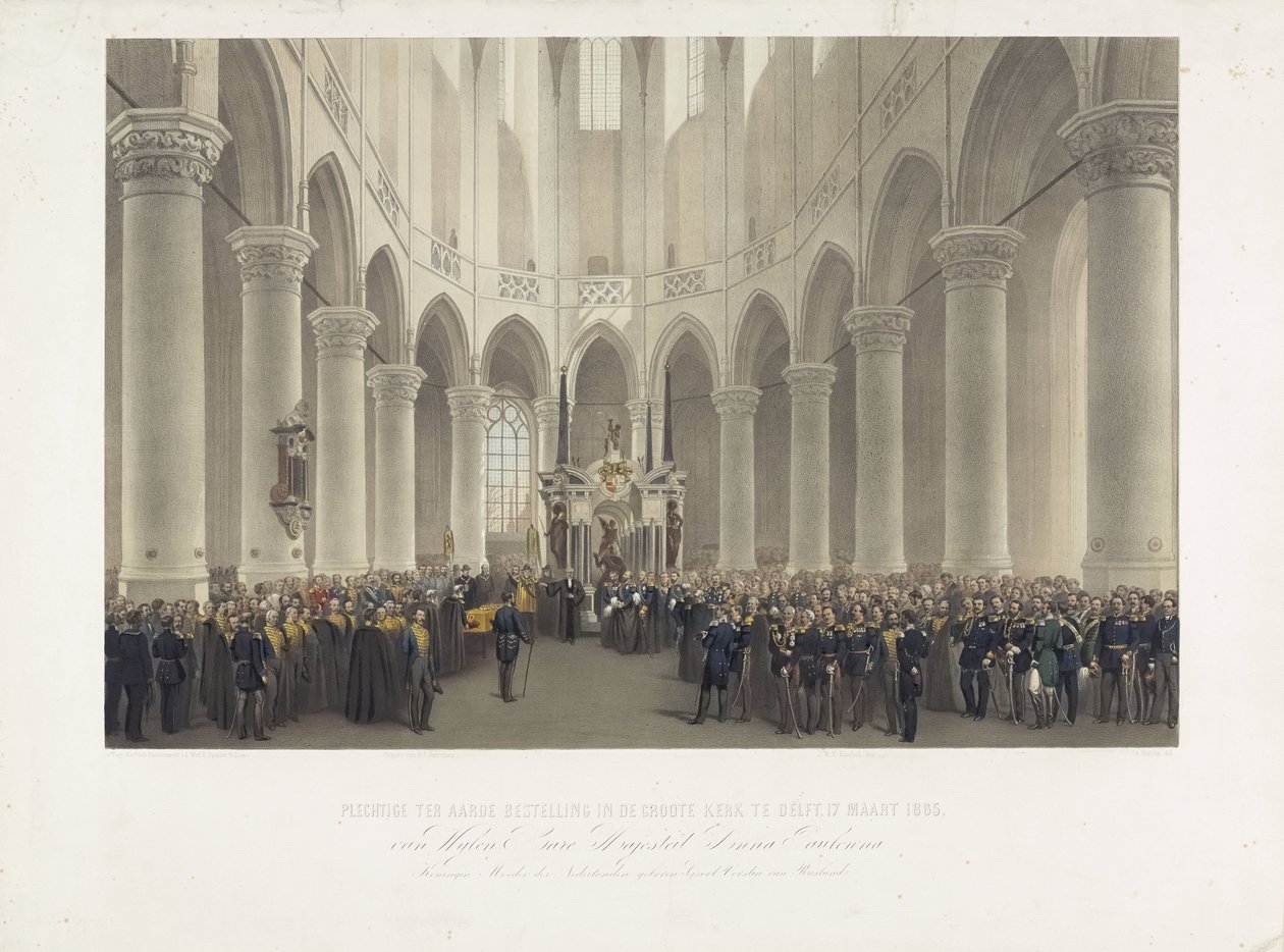 Uroczysty pogrzeb w Groote Kerk w Delft, 17 marca 1865 r. Jej Królewskiej Mości Anny Pawłownej Królowej Matki Holandii urodzonej jako Wielka Księżniczka Rosji (tytuł na obiekcie) autorstwa Charles Billoin