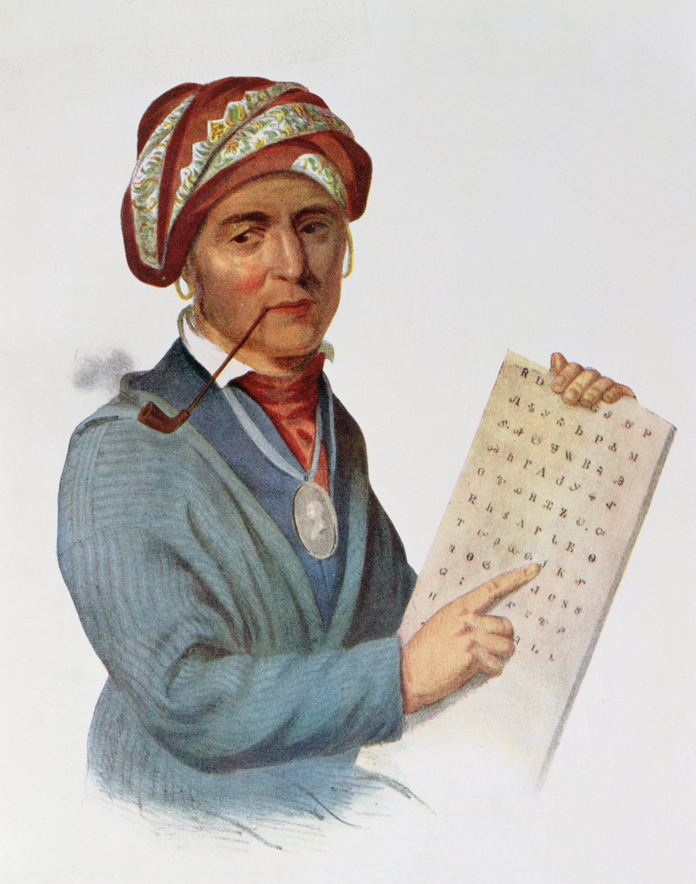 Se-quo-yah lub George Guess, 1828, ilustracja z „The Indian Tribes of North America, Vol. 1”, Thomasa L. McKenneya i Jamesa Halla, wyd. przez Johna Granta autorstwa Charles Bird King
