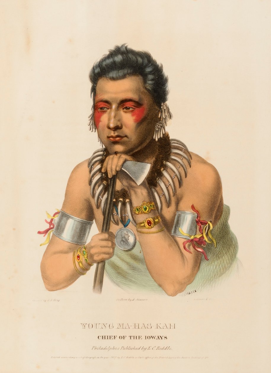 MŁODY MA-HAS-KAH. WÓDZ IOWAYÓW, z Historii plemion indiańskich Ameryki Północnej autorstwa Charles Bird King