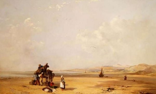 Rybacy rozładowujący swój połów na plaży w Cardigan Bay autorstwa Charles Branwhite