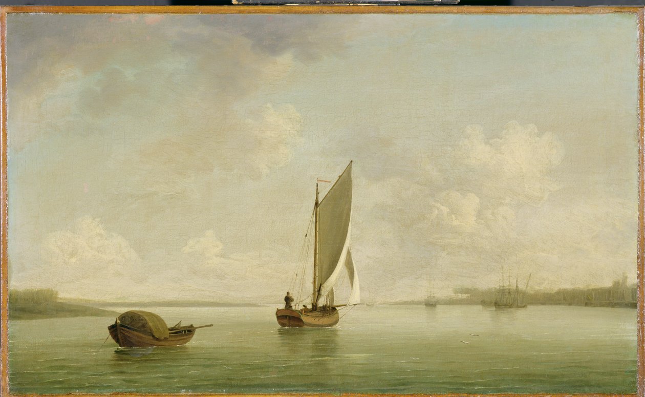 Smack Under Sail w lekkim wietrze w rzece, ok. 1756-9 (olej na płótnie) autorstwa Charles Brooking