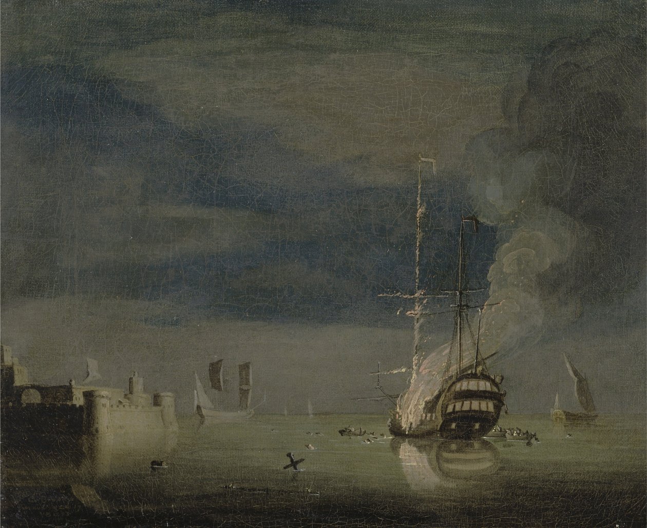 Dwupoziomowy w ogniu nocą z fortu, ok. 1740 (olej na płótnie) autorstwa Charles Brooking