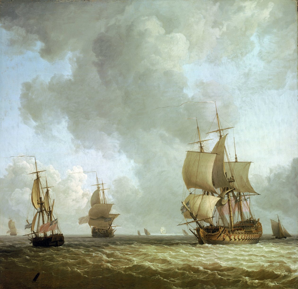 Okręty Brytyjskiej Królewskiej Marynarki Wojennej wiejące na wietrze oceanicznym. Olej na płótnie, około 1750 roku, autorstwa Charlesa Brookinga (1723-1759). autorstwa Charles Brooking