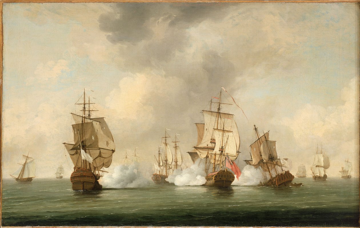 Akcja komodora Walkera: Korsarz "Boscawen" atakujący flotę francuskich okrętów, 23 maja 1745 r. autorstwa Charles Brooking