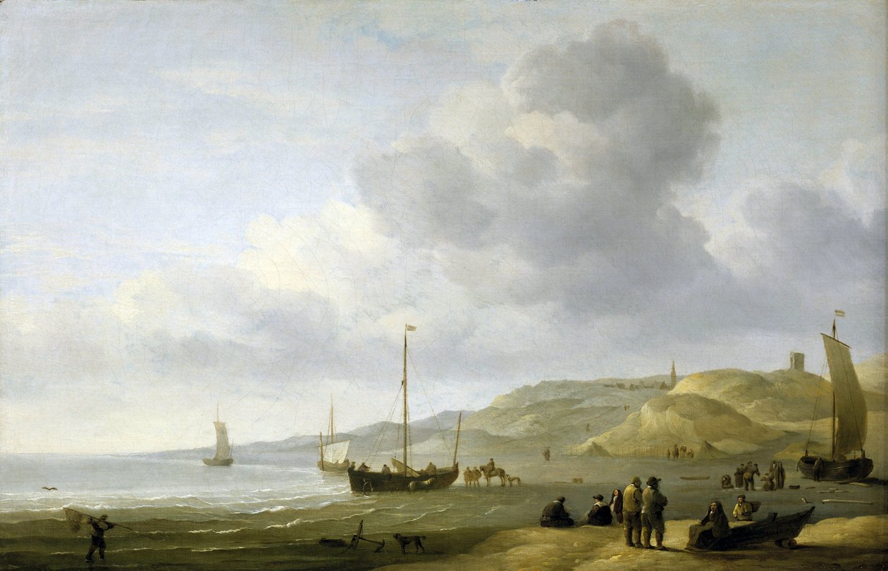 Scena na brzegu w pobliżu Scheveningen (Holandia). Olej na płótnie autorstwa Charles Brooking