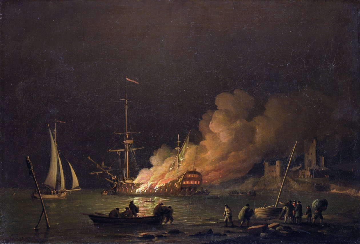 Statek w ogniu nocą, ok. 1756 (olej na płótnie) autorstwa Charles Brooking