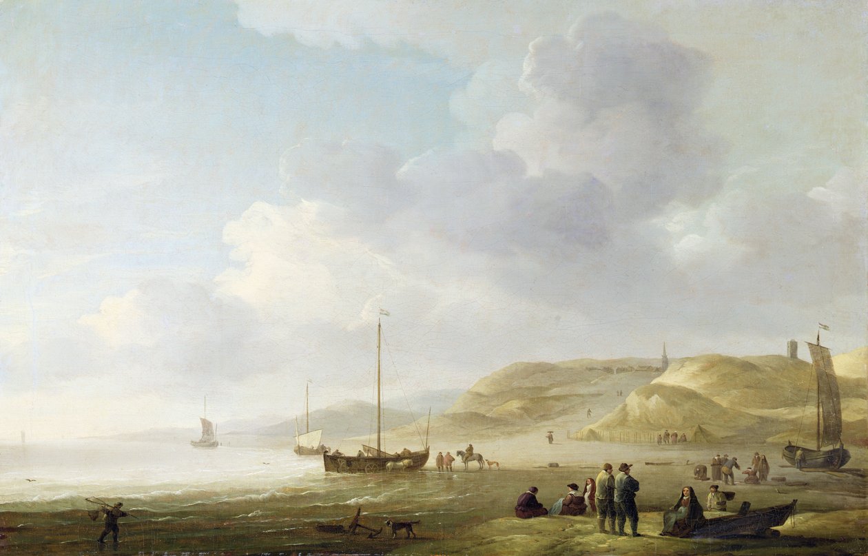 Wybrzeże w pobliżu Scheveningen z Fishing Pinks na brzegu (olej na płótnie) autorstwa Charles Brooking