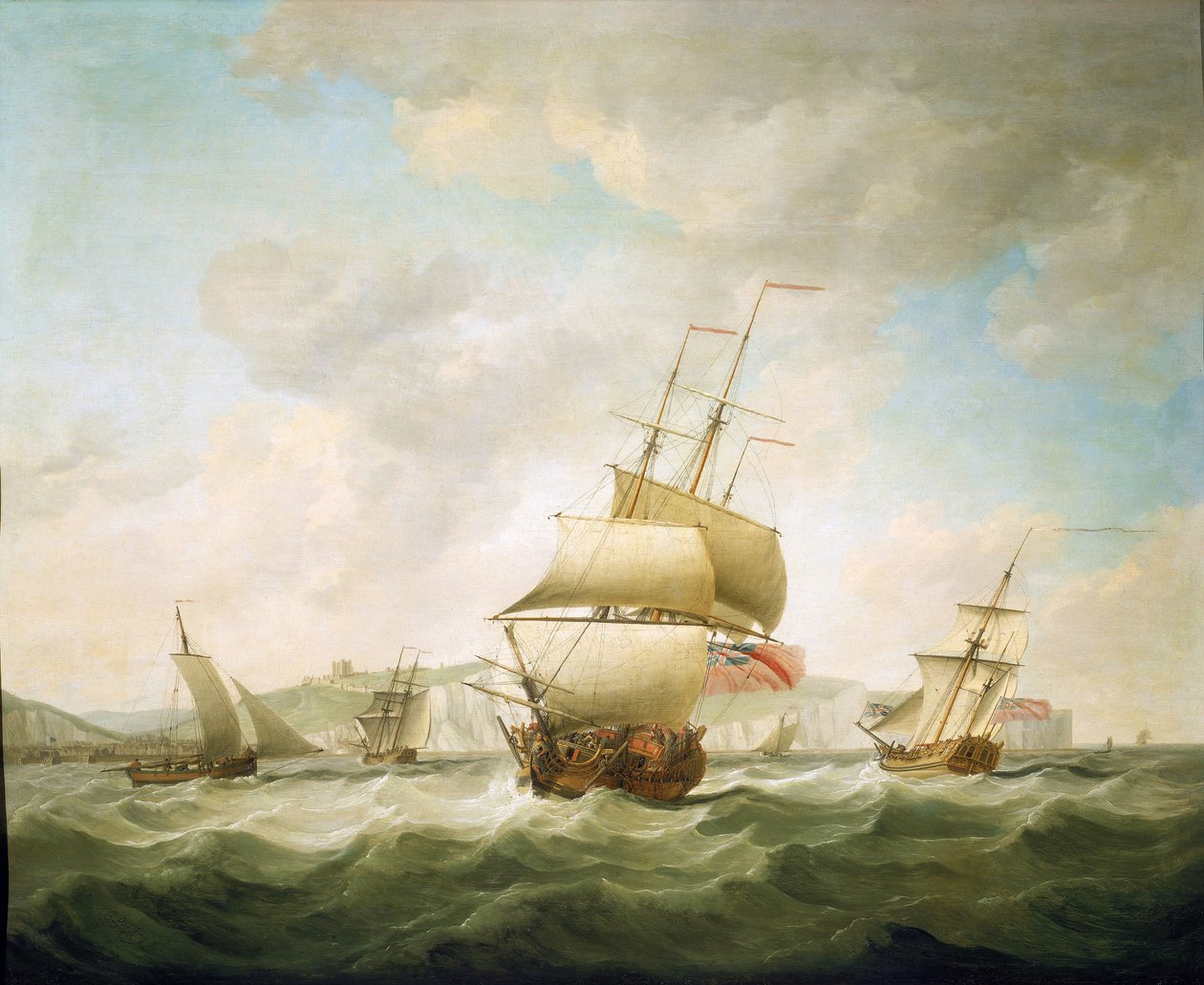 Statek handlowy i jacht królewski na wietrze u wybrzeży Dover (Anglia). Olej na płótnie, około 1750 roku, autorstwa Charlesa Brookinga (1723-1759). autorstwa Charles Brooking