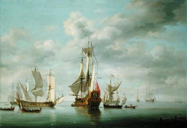 Warships Becalmed (olej na panelu) autorstwa Charles Brooking