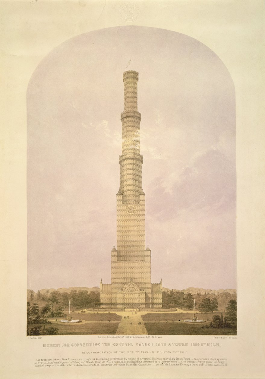 Projekt przekształcenia Crystal Palace w wieżę o wysokości 1000 stóp, pub. Ackermann und Co., 1852 autorstwa Charles Burton