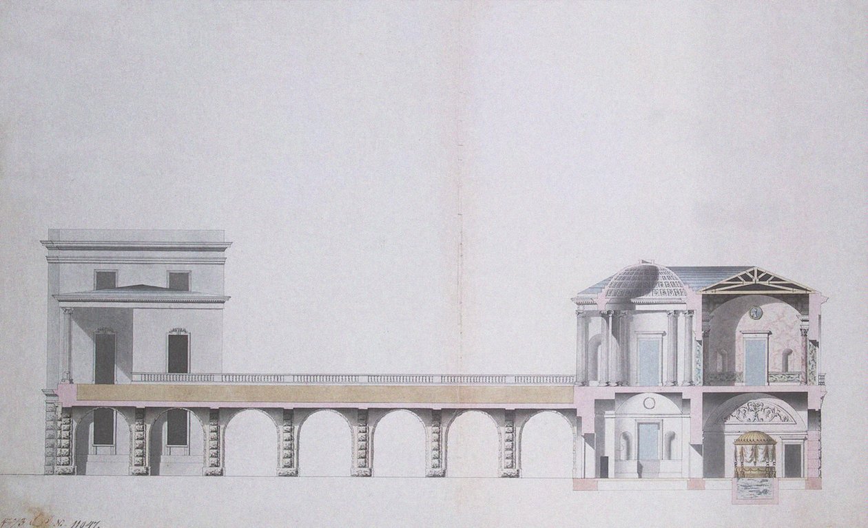 Przekrój pawilonu agatowego i wiszącego ogrodu w Carskim Siole, ok. 1780 (pióro i atrament z wc na papierze) autorstwa Charles Cameron