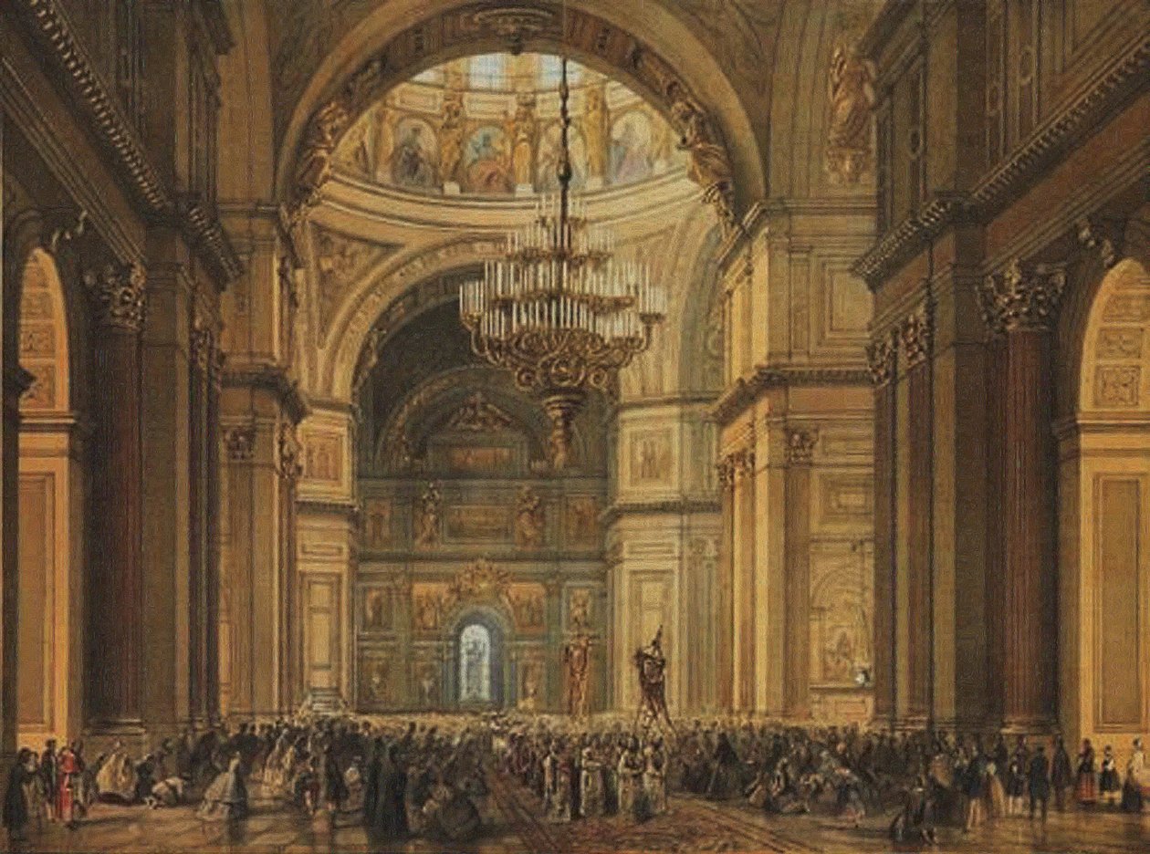 Nabożeństwo w soborze św. Izaaka w Petersburgu, lata 50. XIX wieku autorstwa Charles Claude Bachelier